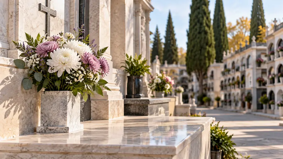 Panteón de mármol cuidado con flores blancas y malvas, junto a una hilera de nichos en un cementerio